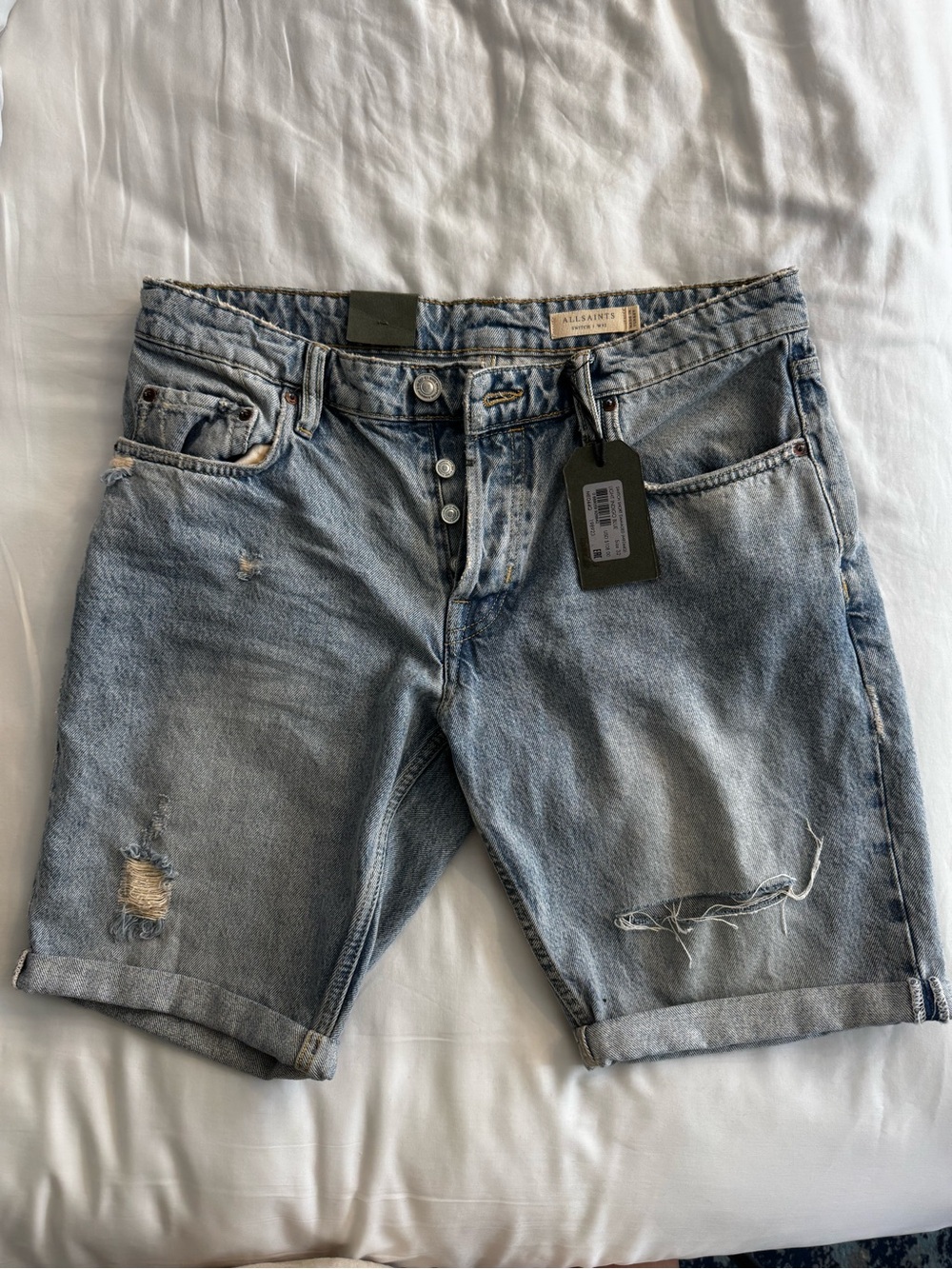 All Saints Men’s Washed Light Blue Distressed Denim Shorts